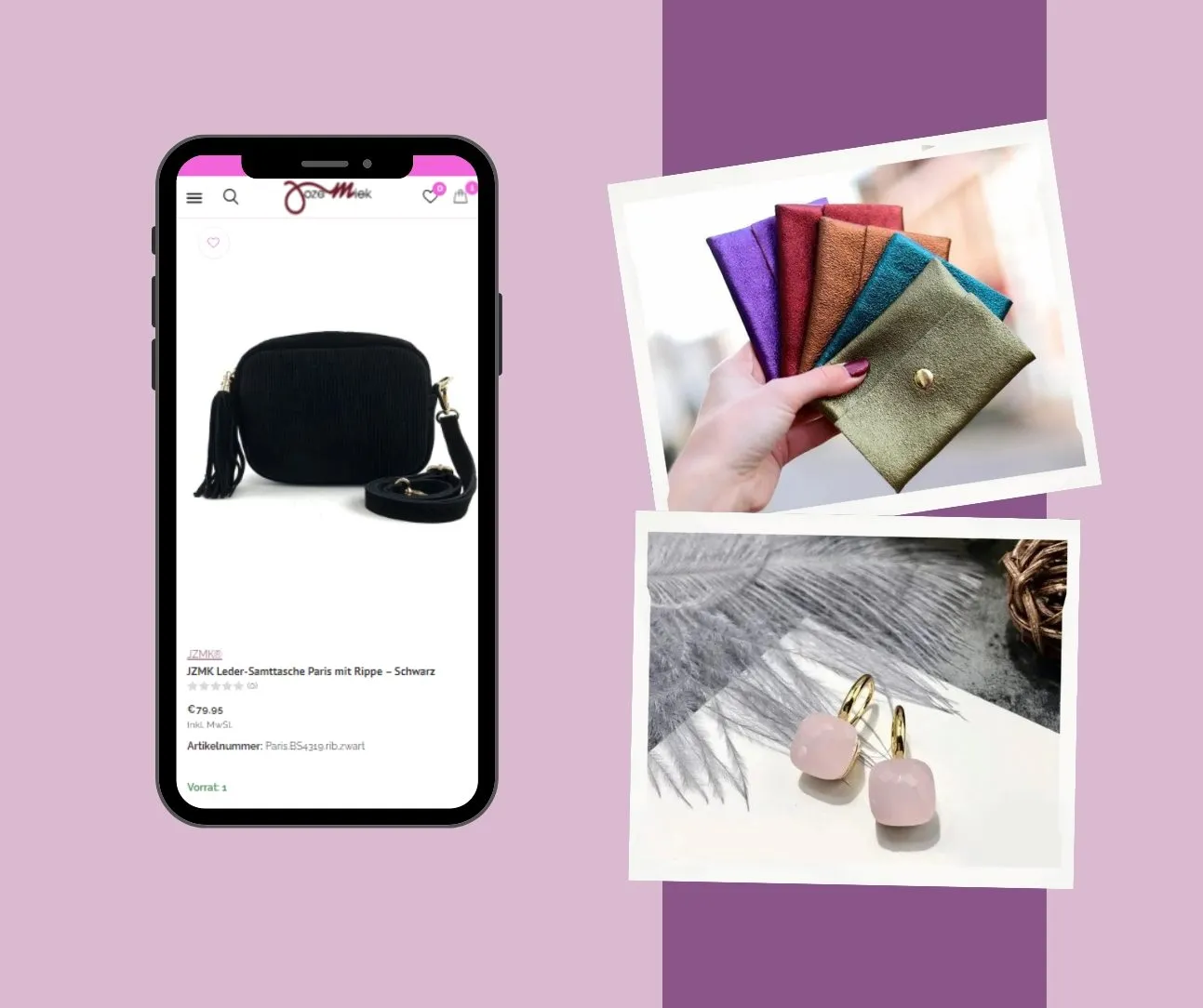 Jozemiek-Shop auf dem Smartphone neben Produktfotos