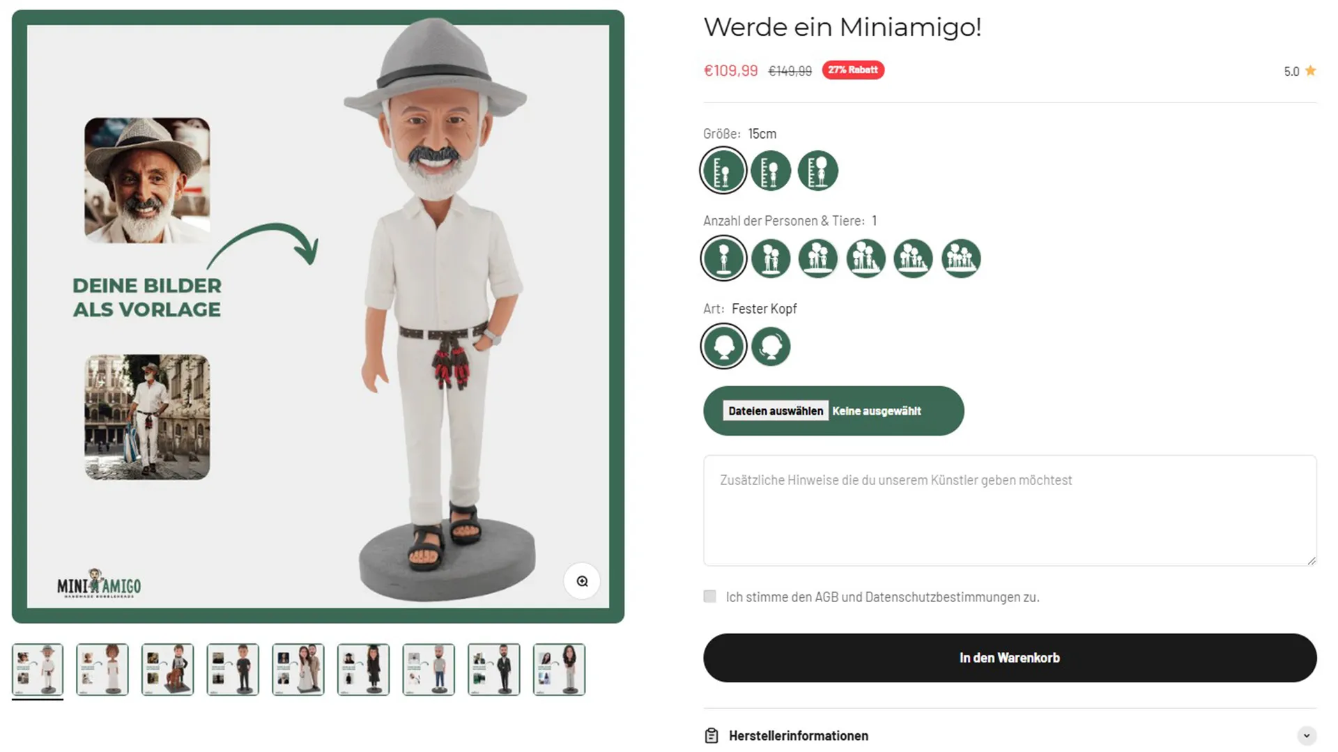Produktseite „Werde ein Miniamigo“ mit Foto-Upload und Auswahl der Optionen