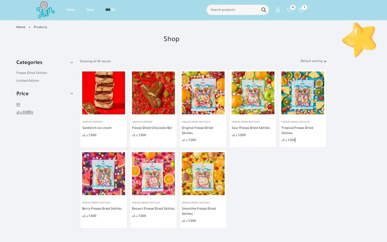 Shopseite mit Kategorien und Produkten
