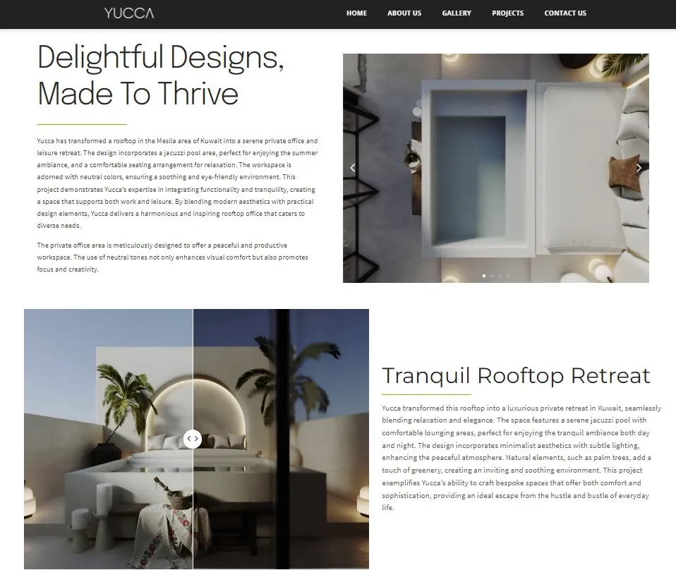 Startseite mit Projekten wie dem Rooftop Retreat
