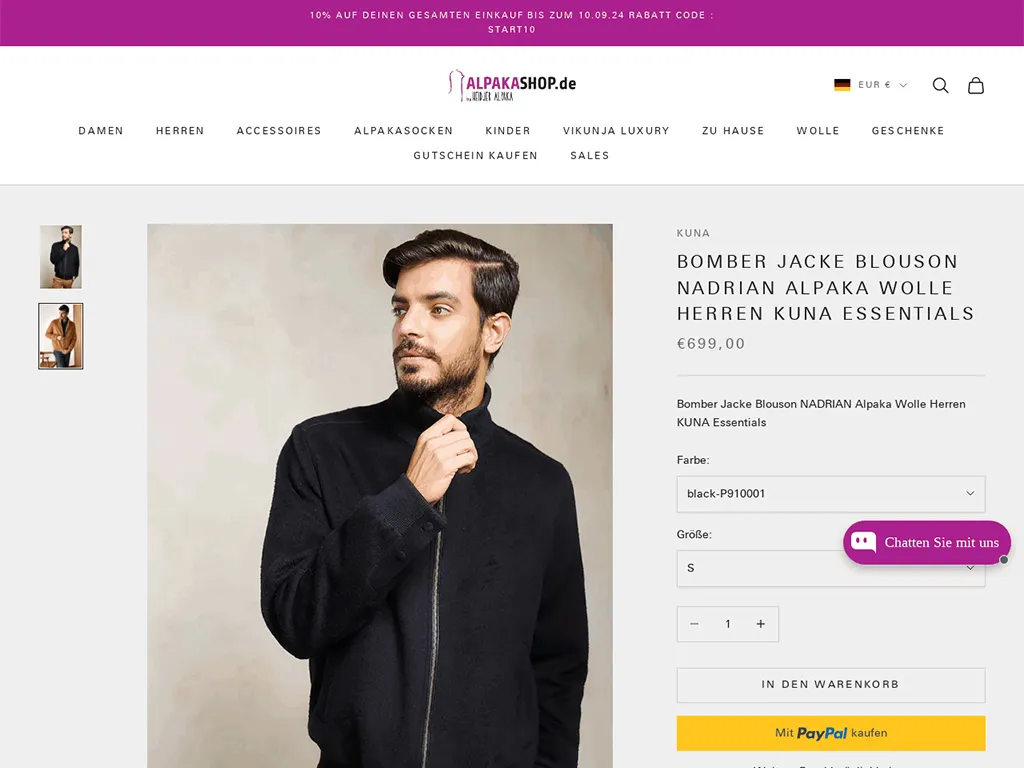 Produktseite einer Bomberjacke aus Alpakawolle mit Größenwahl