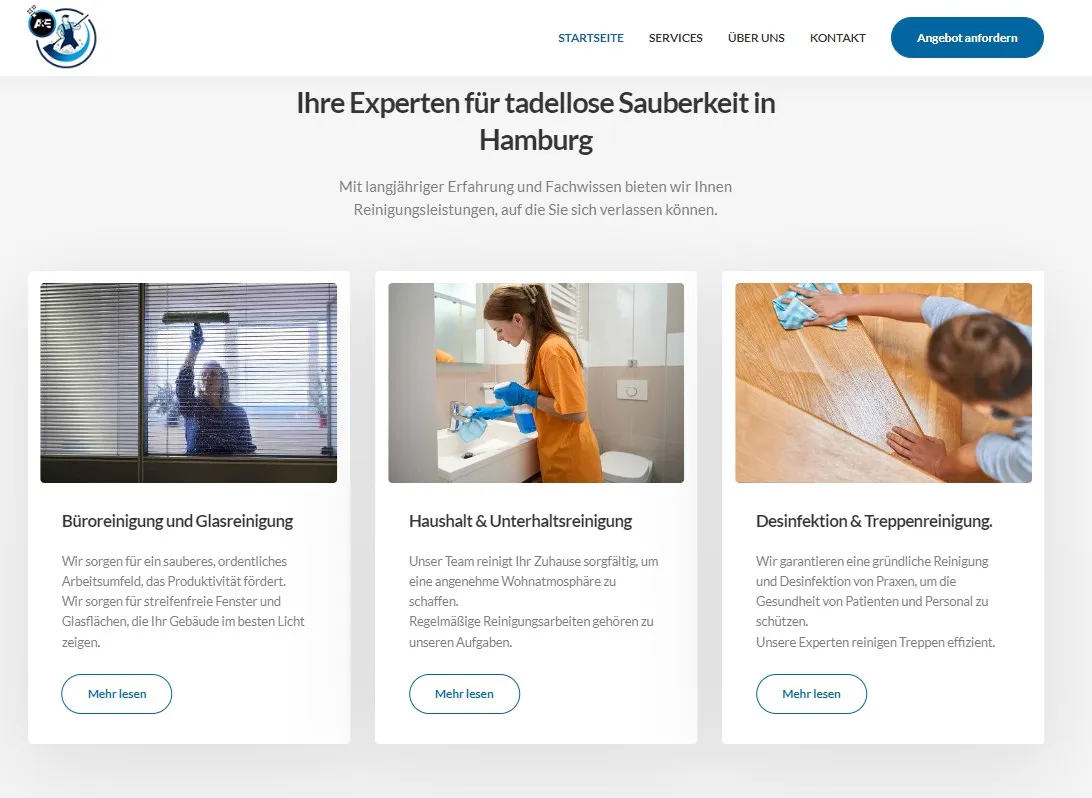 Leistungen mit Bildern unter der Überschrift „Ihre Experten für tadellose Sauberkeit in Hamburg“