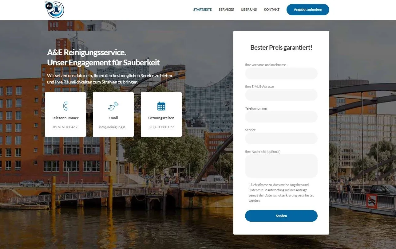 Startseite mit Hamburger Hafen und Angebotsformular