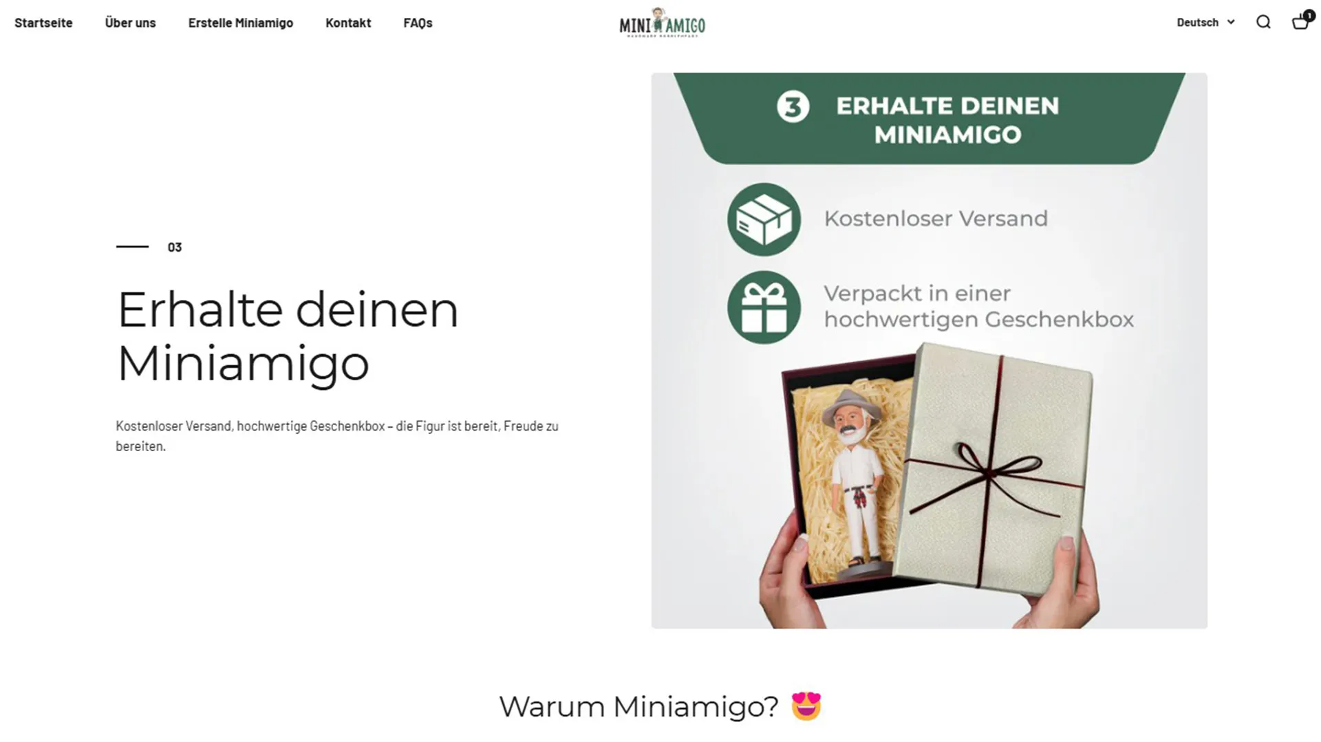 Abschnitt „Erhalte deinen Miniamigo“ mit kostenlosem Versand und Geschenkbox