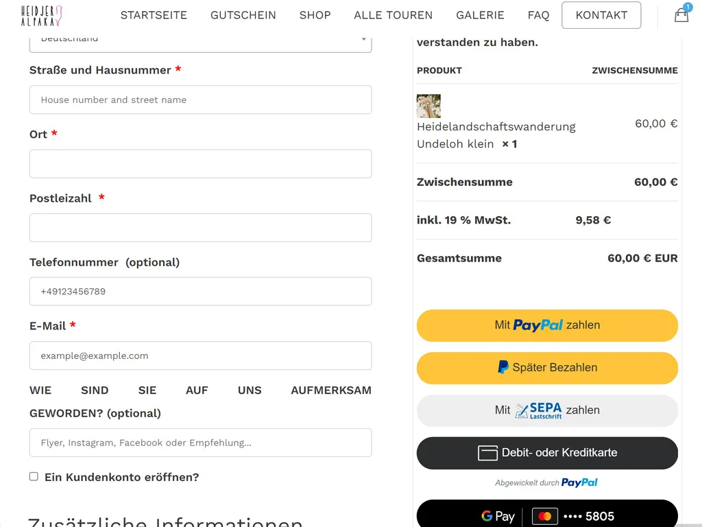 Kasse mit Bestellübersicht und Zahlung per PayPal, SEPA oder Karte