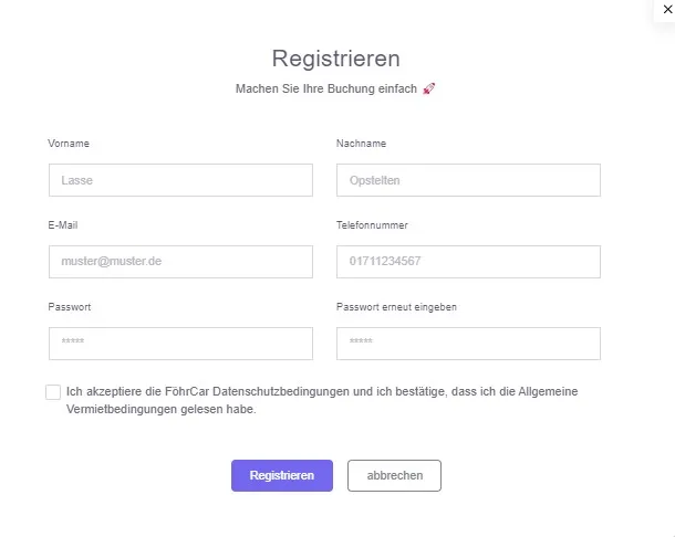 Registrierung für die Buchung