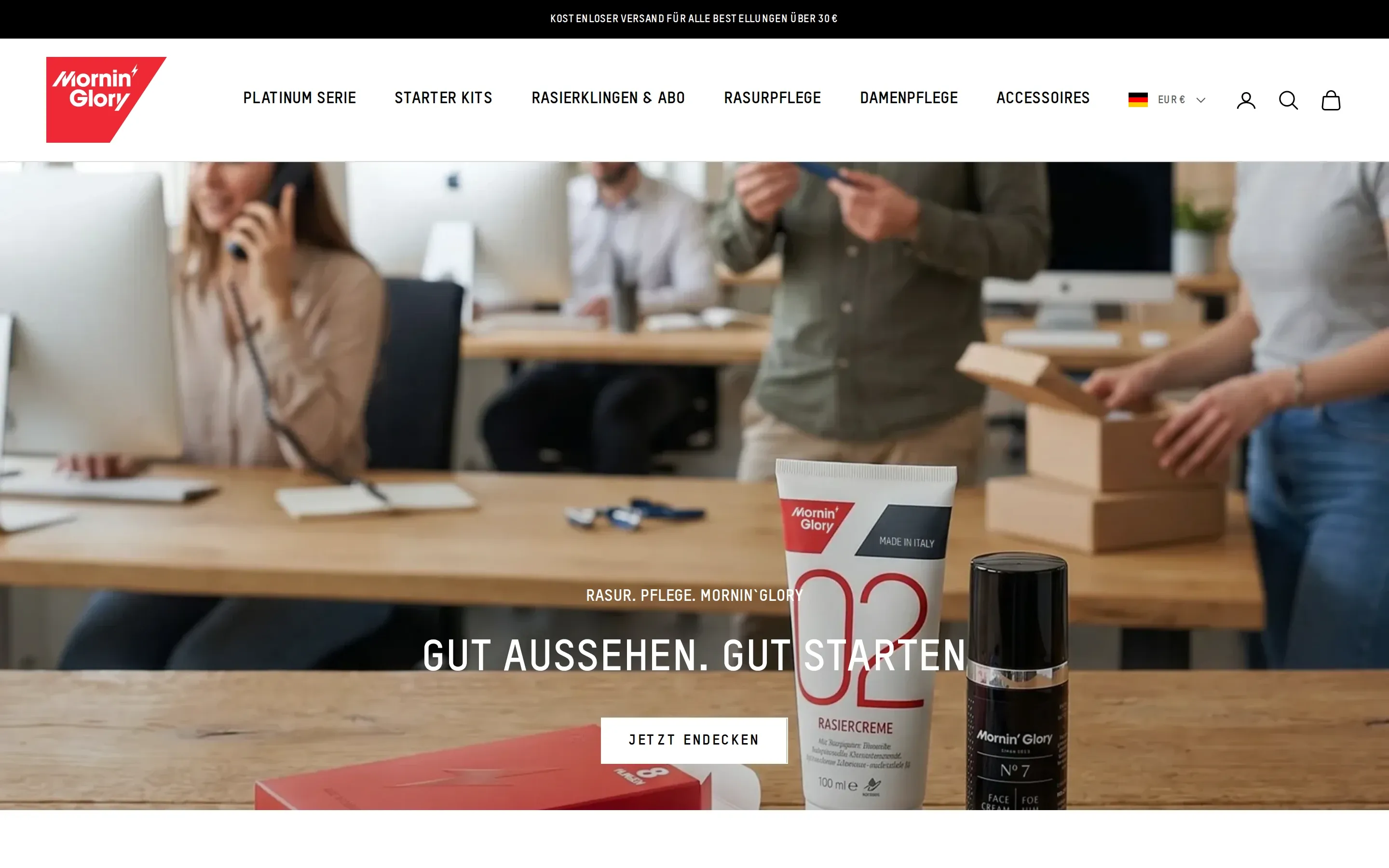 Startseite von Mornin’ Glory am Desktop mit dem Leitsatz „Gut aussehen. Gut starten“