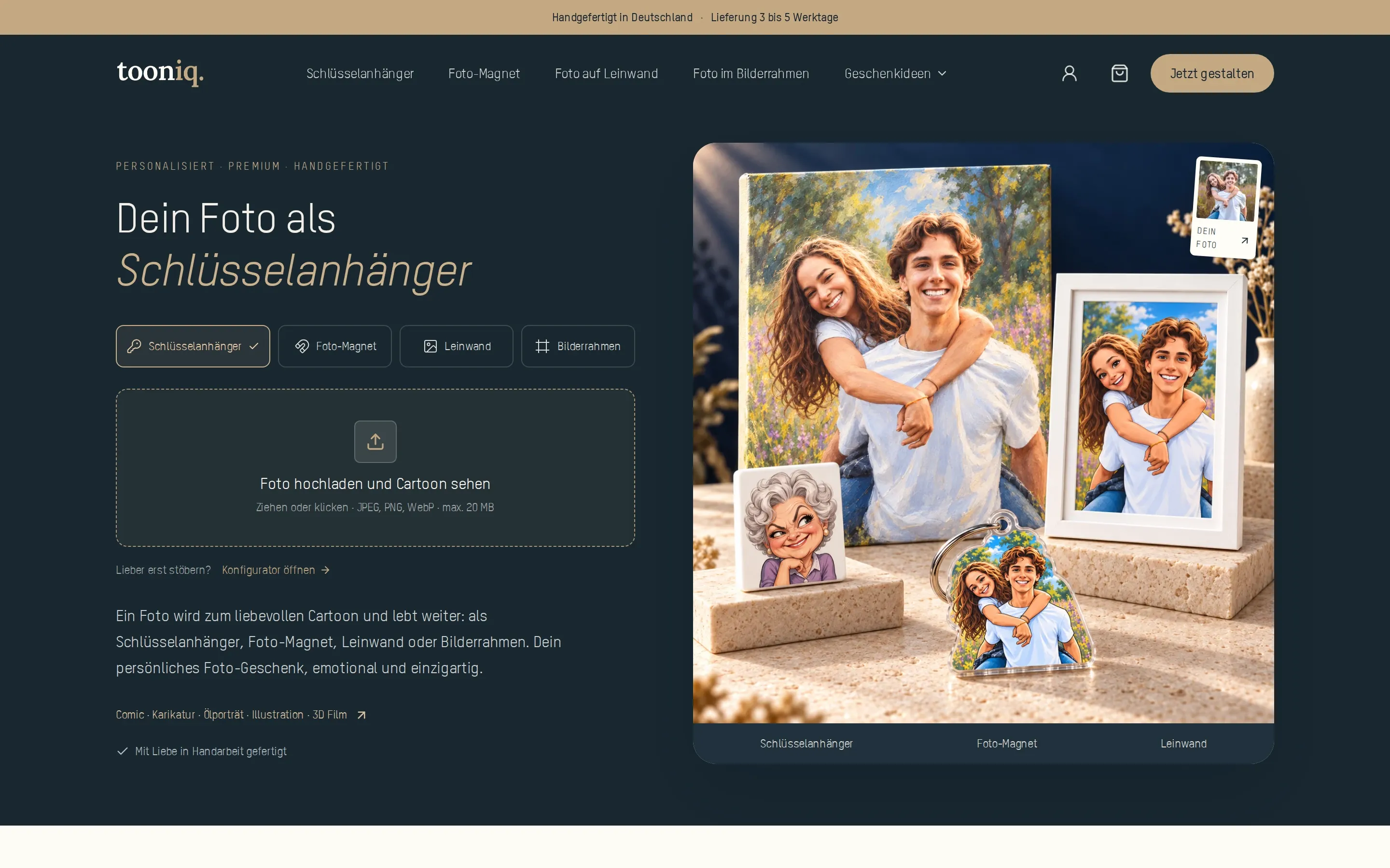 Startseite von TOONIQ am Desktop: Foto hochladen und als Schlüsselanhänger, Magnet oder Leinwand bestellen