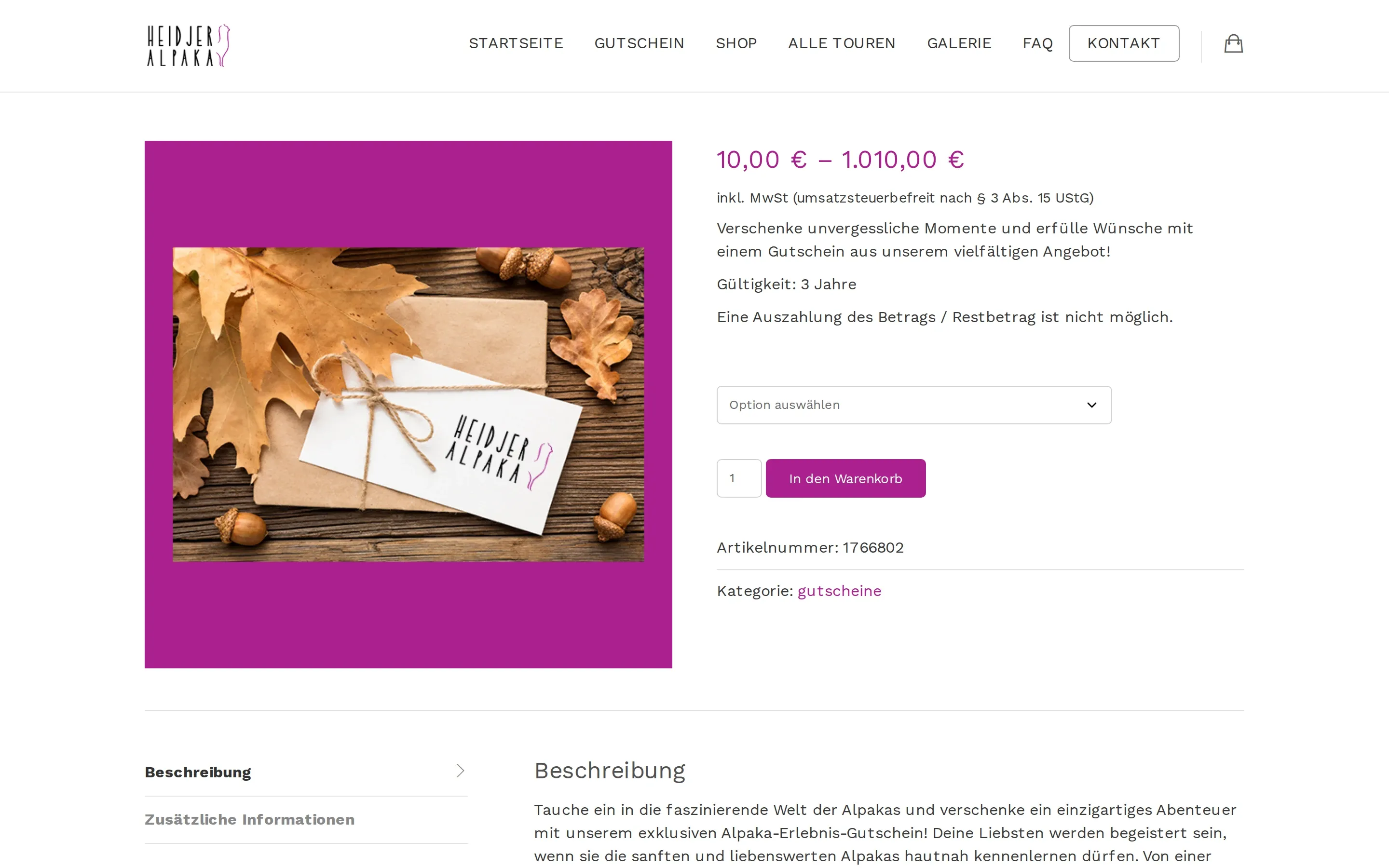 Gutschein im Shop am Desktop mit Preisspanne, Gültigkeit und Beschreibung