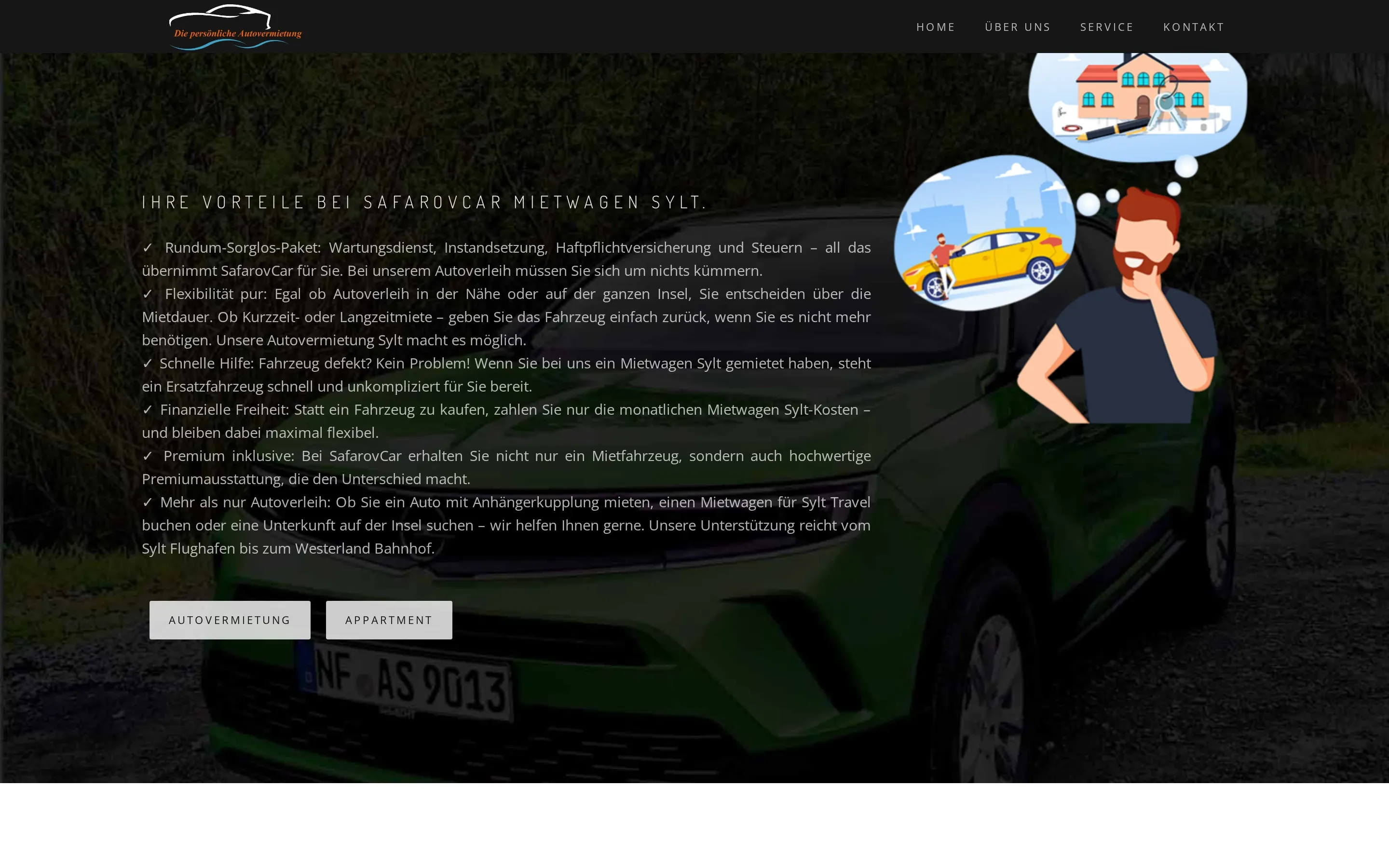 Website von SafarovCar am Desktop: Vorteile der Autovermietung auf Sylt vor dem Foto eines Mietwagens
