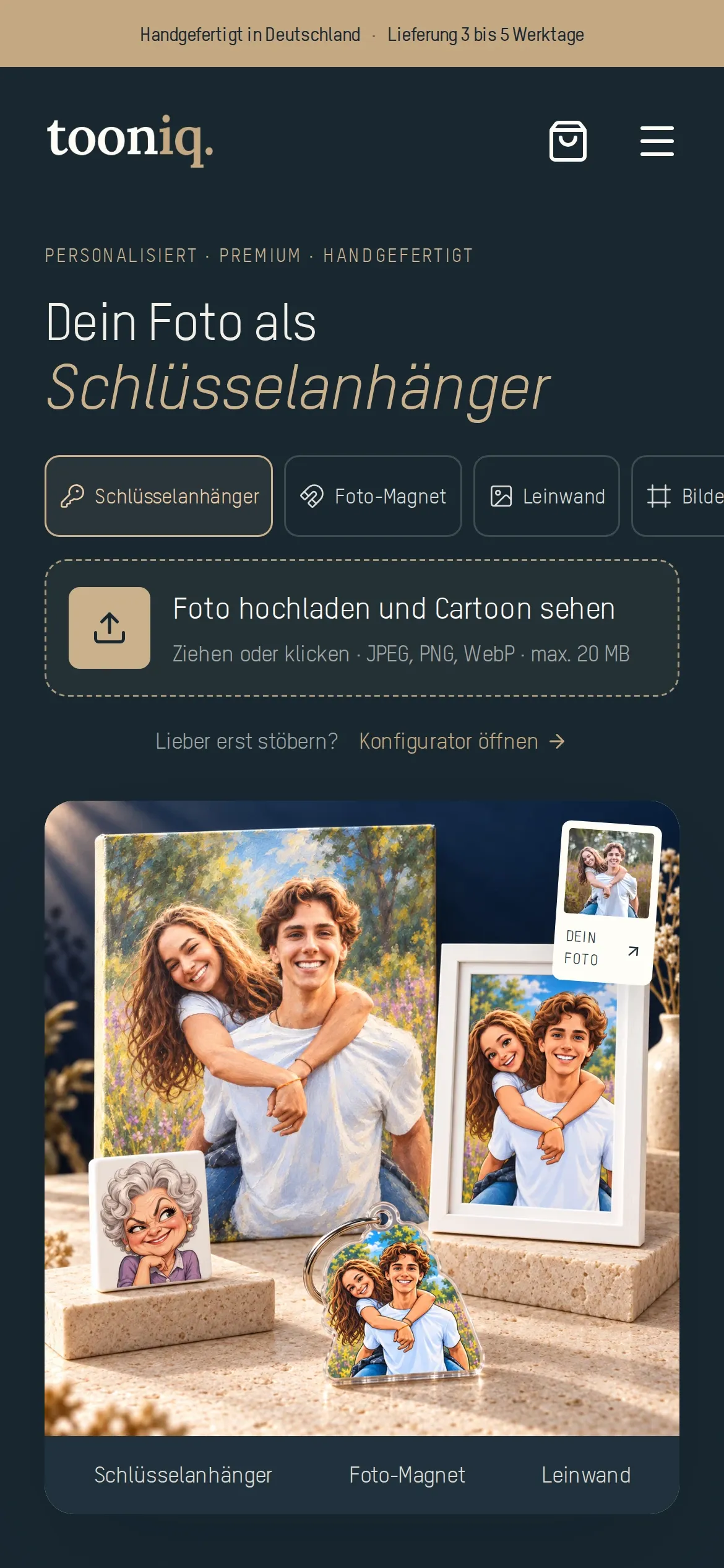 Startseite von TOONIQ auf dem Smartphone mit Auswahl der Produkte und Upload-Feld