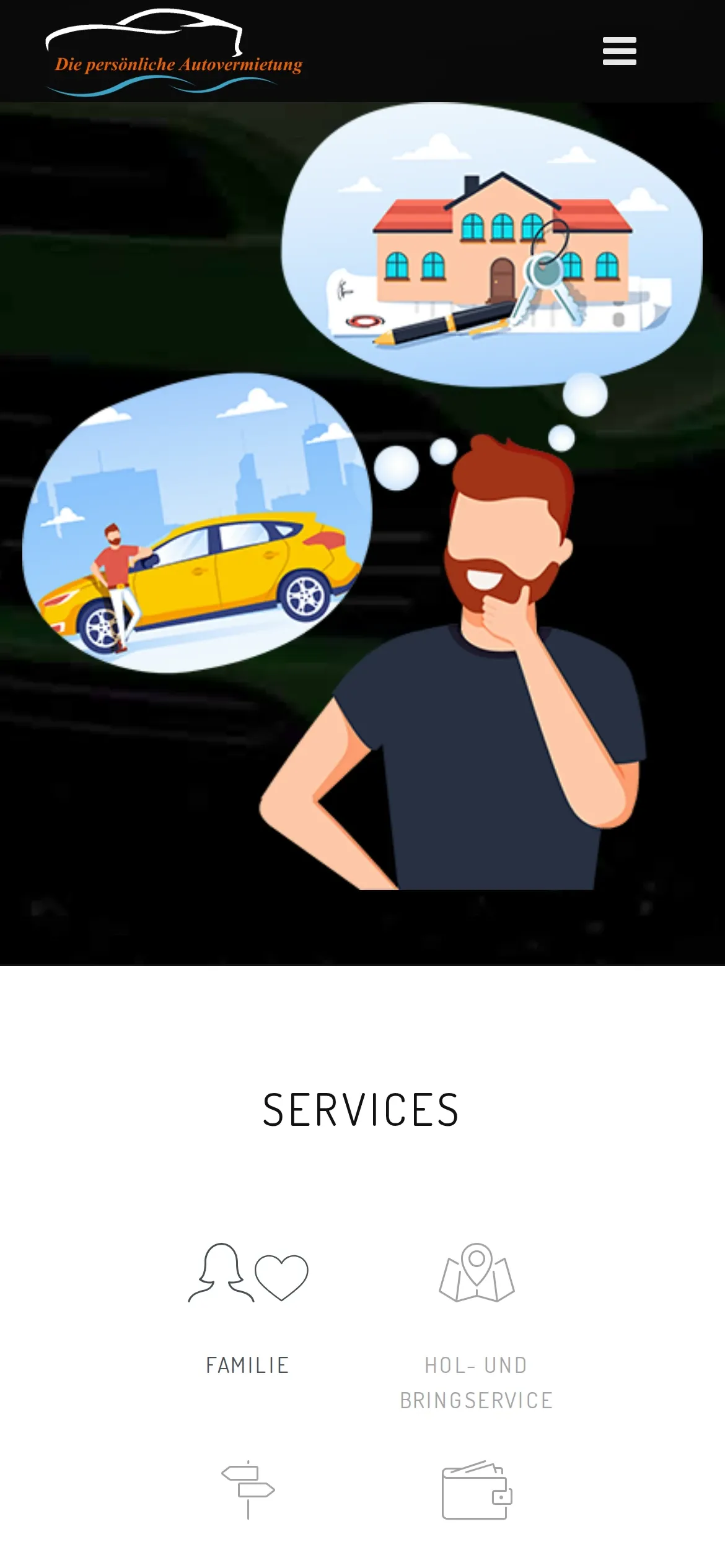 Zeichnung auf dem Smartphone: ein Mann denkt an Mietwagen und Unterkunft, darunter die Services der Autovermietung