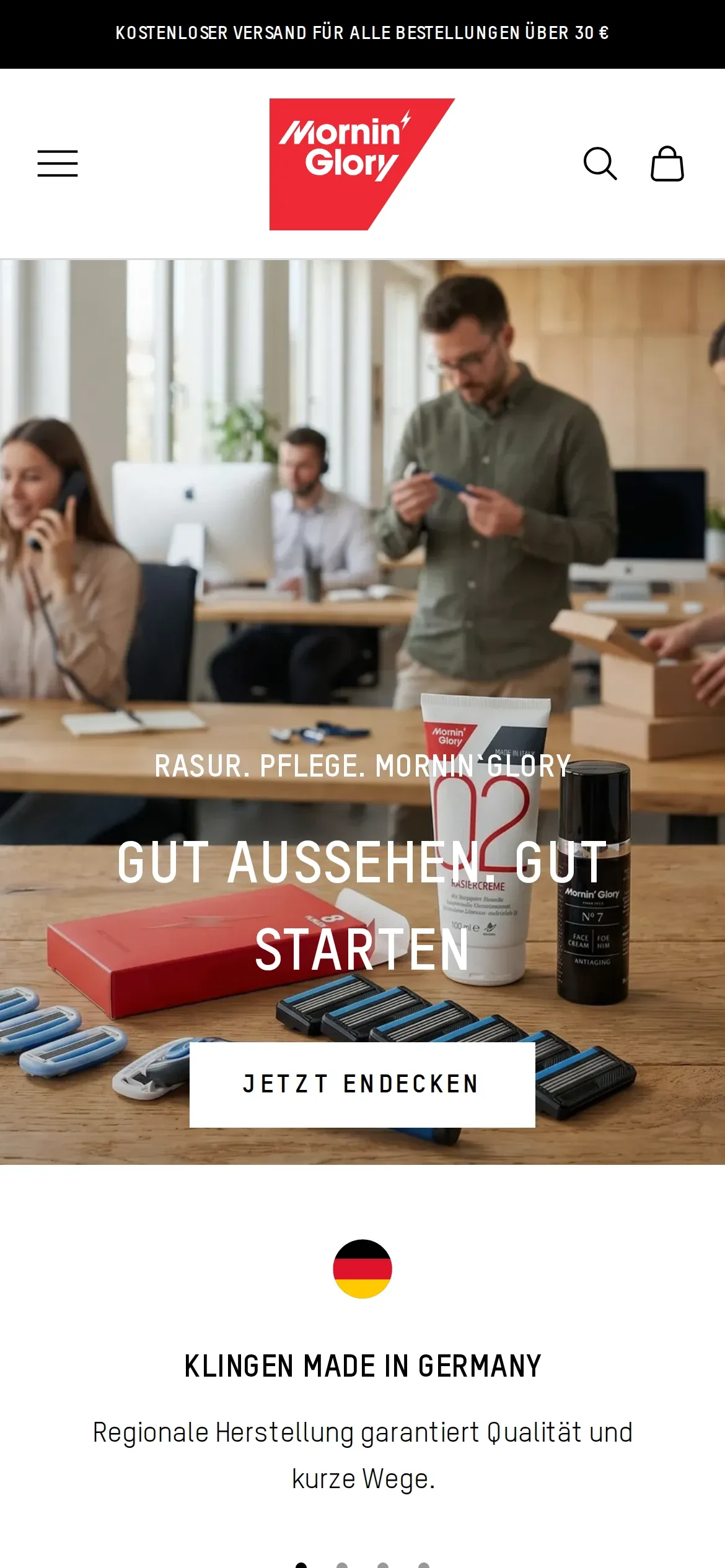 Startseite von Mornin’ Glory auf dem Smartphone mit Hinweis auf Klingen aus Deutschland