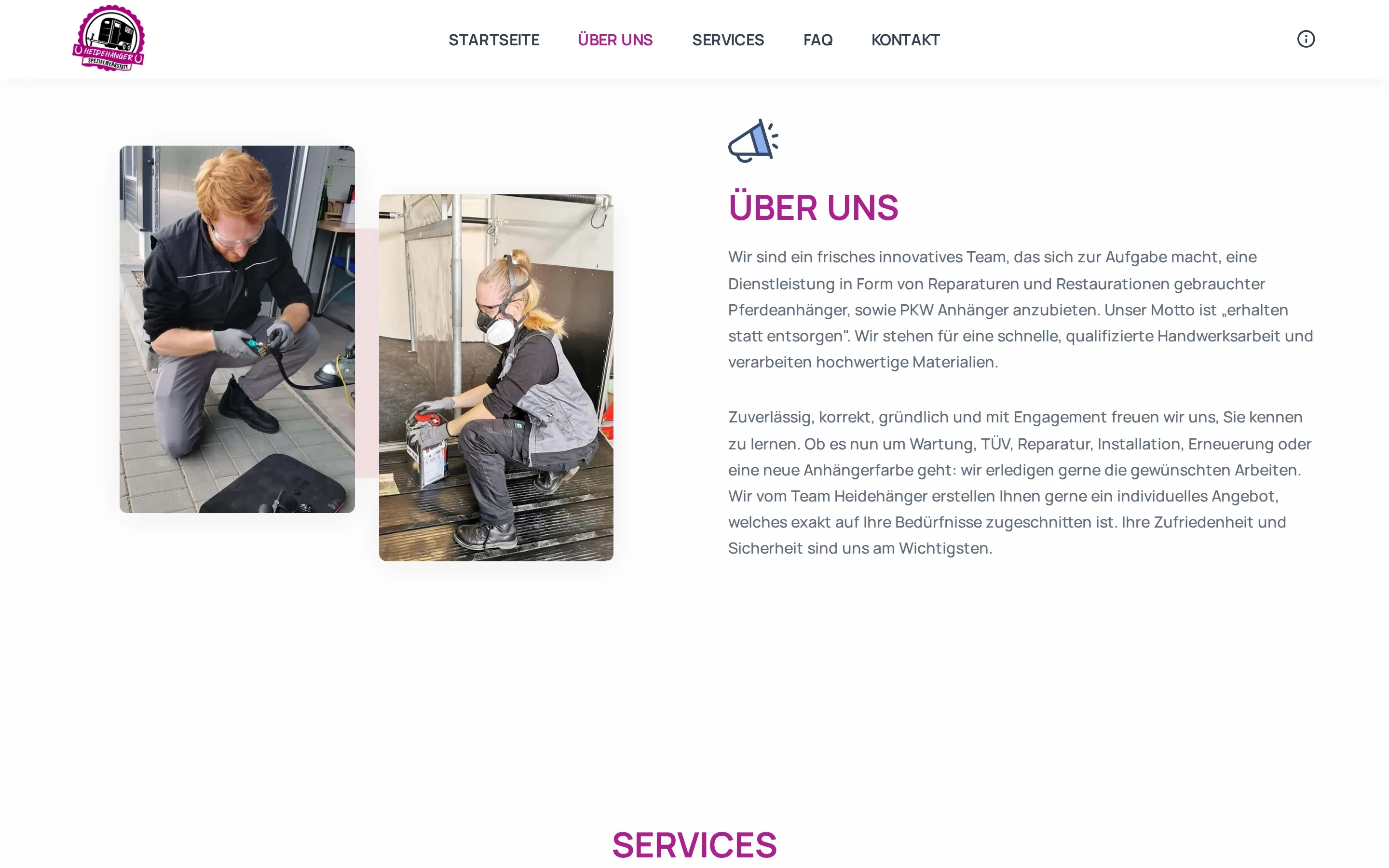 Abschnitt „Über uns“ am Desktop mit Fotos aus der Werkstatt