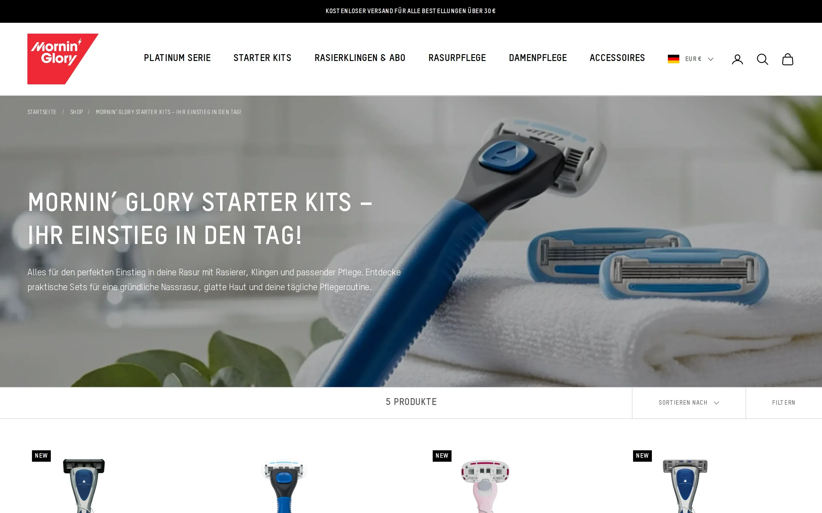 Kategorie Starter Kits am Desktop mit Rasierer auf einem Handtuch und den Sets darunter