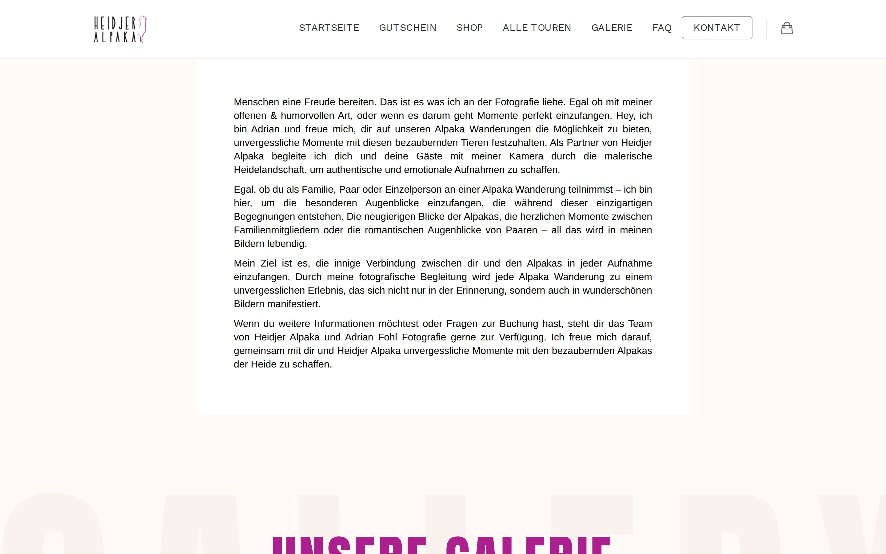 Seite zu den Fotoshootings am Desktop mit dem Text der Fotografin