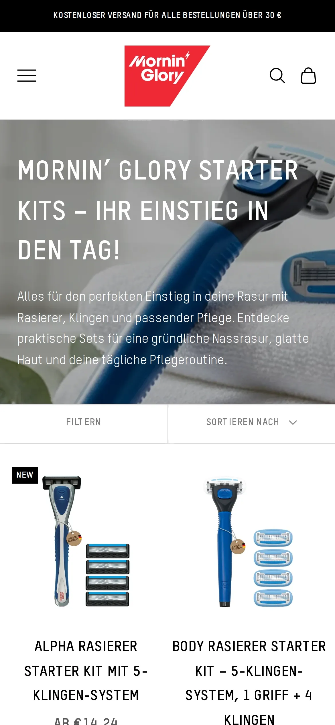 Kategorie Starter Kits auf dem Smartphone in zwei Spalten