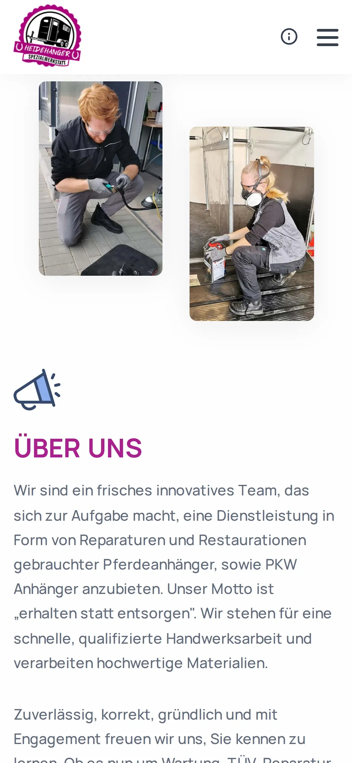 Abschnitt „Über uns“ auf dem Smartphone mit zwei Fotos aus der Werkstatt