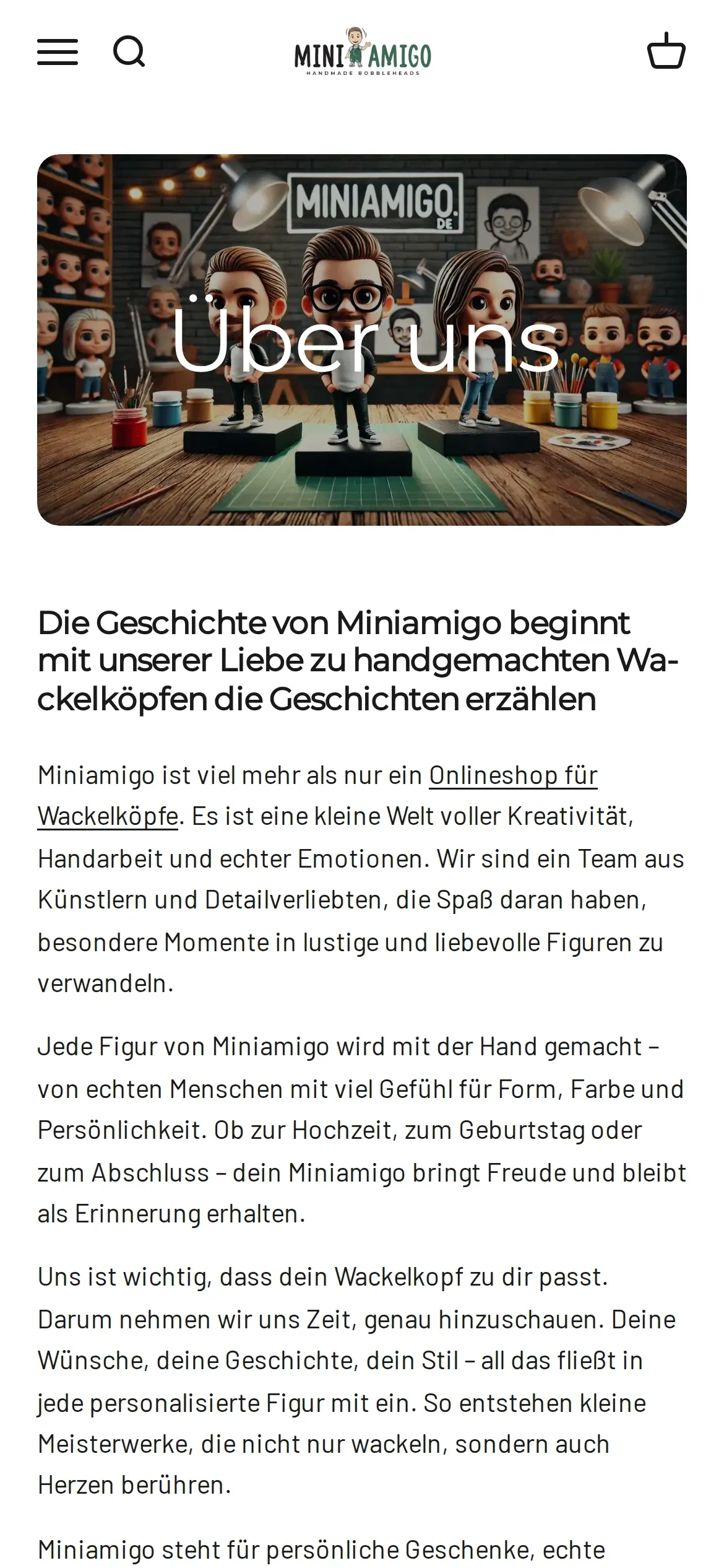 Seite „Über uns“ auf dem Smartphone mit der Geschichte von Miniamigo