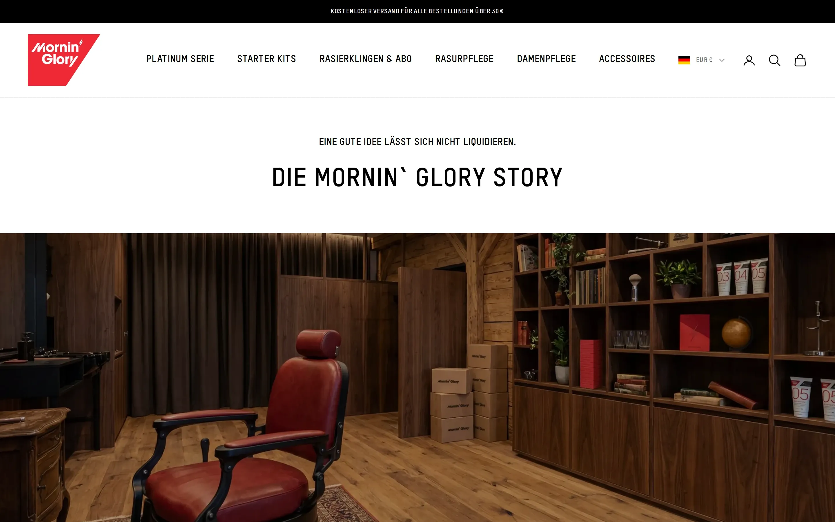 Seite „Die Mornin’ Glory Story“ am Desktop mit einem Barbierstuhl