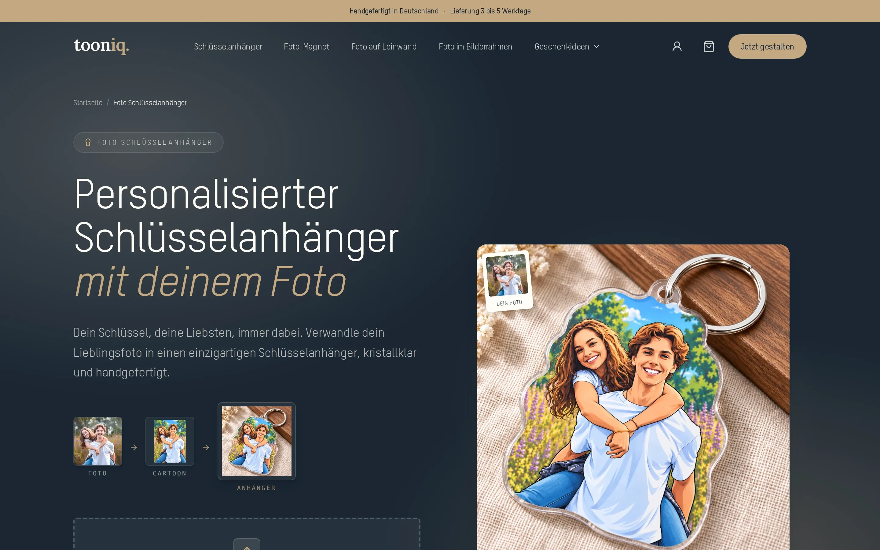 Produktseite „Personalisierter Schlüsselanhänger mit deinem Foto“ am Desktop